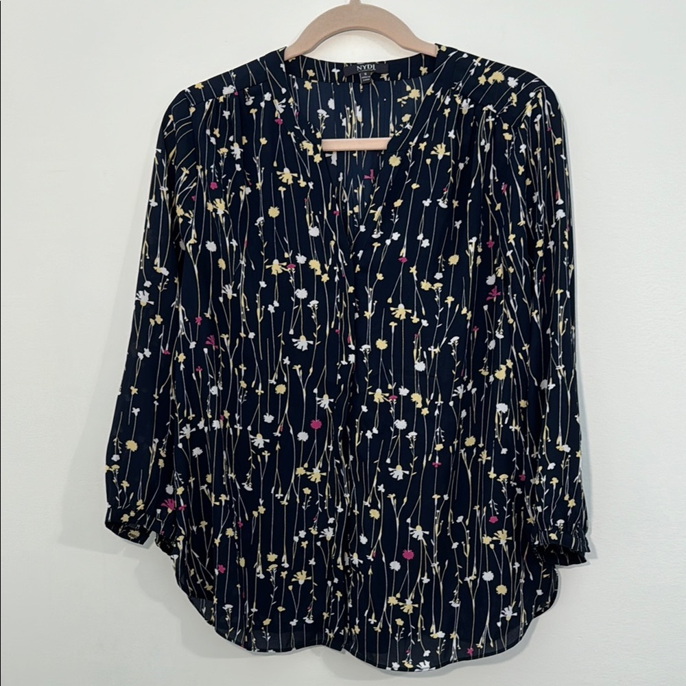 NYDJ Blue Floral Pleated 3/4 Sleeve Blouse
